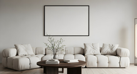 Modern minimalist living room interior design with comfy sofa and artwork mock up