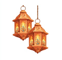 Two ornate, hanging lanterns, warm orange hue, intricate designs
