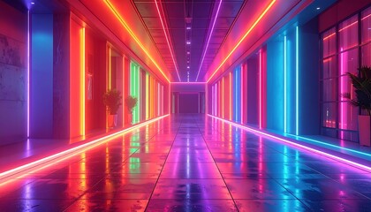 Naklejka premium Vibrant Neon Lights Corridor Abstract Background.