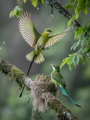 Green Bee-Eater Birds with Nest and Young Chicks