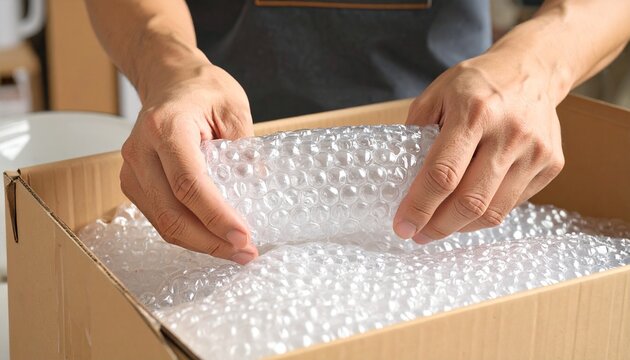 Hands Packing a Cardboard Box with Bubble Wrap for Safe Shipping, Person Carefully Placing Bubble Wrap Inside a Box for Moving