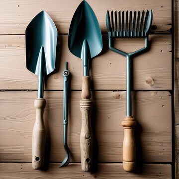 Three Classic Garden Tools Neatly Displayed Against a Light Wood Grain