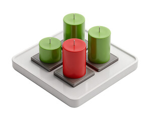 Isometric arrangement of three green and one red pillar candles placed on gray square platforms, all resting on a white surface against a transparent background, PNG