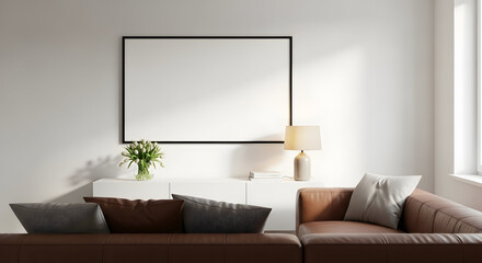 Modern Living Room Interior Design Mockup with Blank Frame and Brown Leather Sofa
