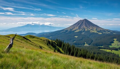 Fototapeta premium Stunning volcano landscape viewed from green hills nature photography outdoor serenity panoramic perspective