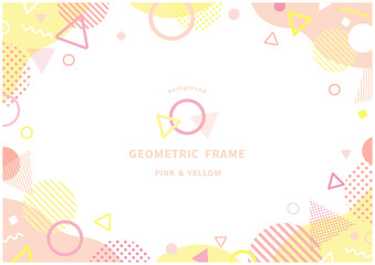ピンクとイエローのパステルカラーを使ったメンフィス風幾何学フレーム背景（ベクター）