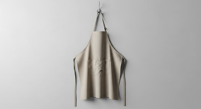 A simple neutral-colored work apron with an embroidered design hangs from a hook against a plain minimalist wall, ideal for a mockup