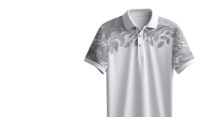 White polo shirt with black abstract pattern isolated on transparent background