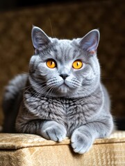 Playful grey cat with striking orange eyes cozy home setting high-quality photograph indoor environment close-up perspective