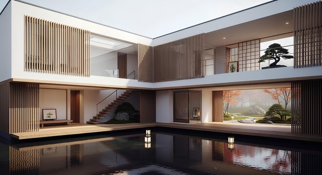 Contemporary L-shaped Japanese house wrapping a moss courtyard, shaded engawa and diffuse skylight.