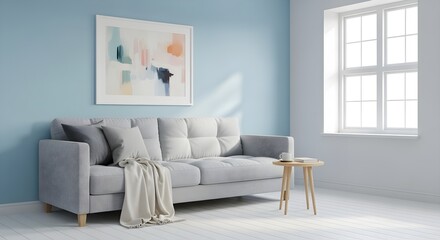 Modern living room with grey sofa abstract  and large window with natural light