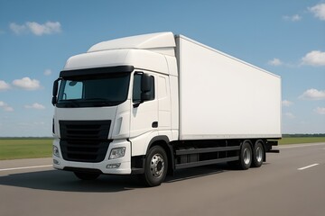 Naklejka premium White delivery truck on a highway with blue sky and clouds.