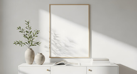 Modern minimalist home decor mockup with olive branch in vase and blank frame for artwork or poster