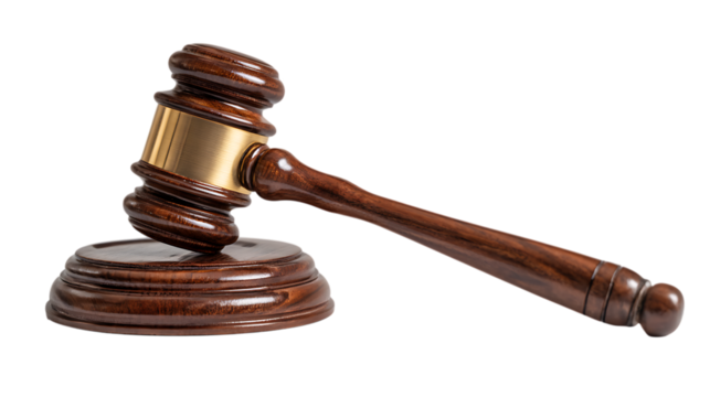 Wooden judge s gavel with brass accent isolated on transparent background