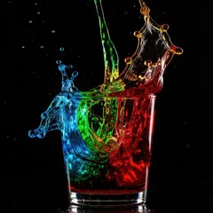 Colorful liquid splashes frozen in time within a clear glass