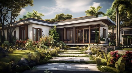 Tropical Home Exterior with Lush Landscaping and Stepping Stone Pathway leading to Paradise