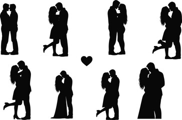 Romantic couple silhouettes, love poses, kissing embrace, heart symbol, Valentine vector, relationship illustration, emotional connection, black and white design, passion, affection