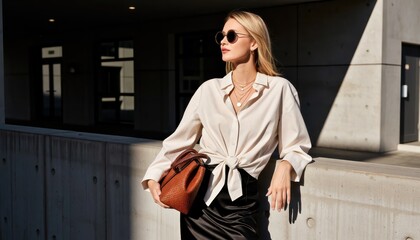 Fashionable woman in urban setting street style lifestyle photography modern architecture bright daylight