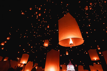 Floating lanterns take place during Thailand's Loi Krathong festival on the night of the full moon.