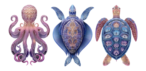 Colorful Marine Illustrations of Octopus, Turtle, and Fish with Intricate Details