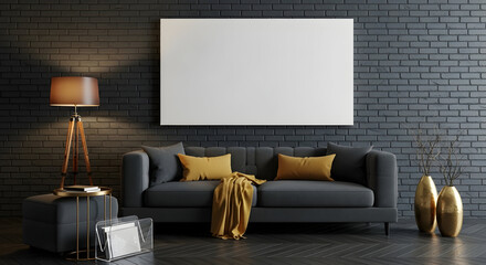 Modern Dark Living Room Interior Design Mockup Blank Canvas Wall Decor
