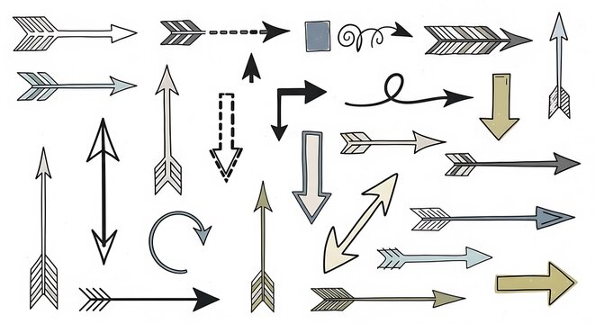 Collection of Hand-Drawn Arrows in Various Styles and Directions.