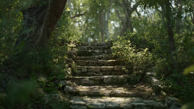 Ancient stone steps ascend into a lush, sun-dappled forest canopy.