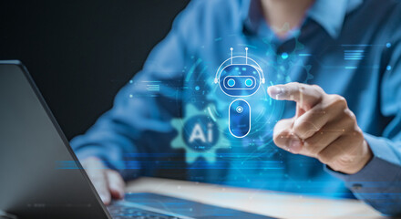 Businessman using AI chatbot icon on virtual interface, symbolizing artificial intelligence, customer service automation, digital assistant, technology innovation, machine learning, and future tech.