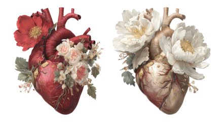 Artistic Representation of Heart with Floral Elements on Transparent Background