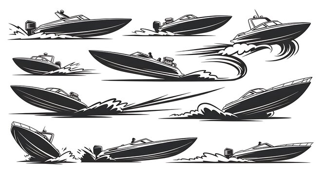 Collection of Speedboats in Motion on Water with Waves.