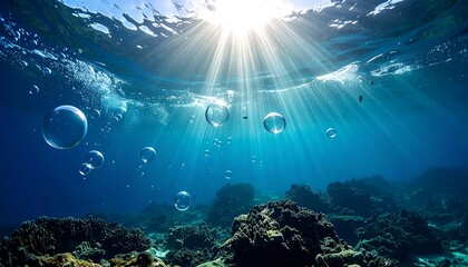 Underwater scene with sunlight streaming through the water, illuminating bubbles and coral