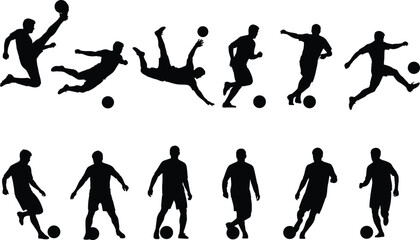 Soccer player silhouette, football action poses, kicking, dribbling, running, standing, walking, black vector icons, sports movement illustration, dynamic athlete design