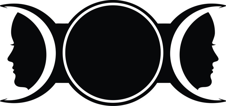 Symbol of feminine duality and celestial cycles with crescent moons and profile silhouettes