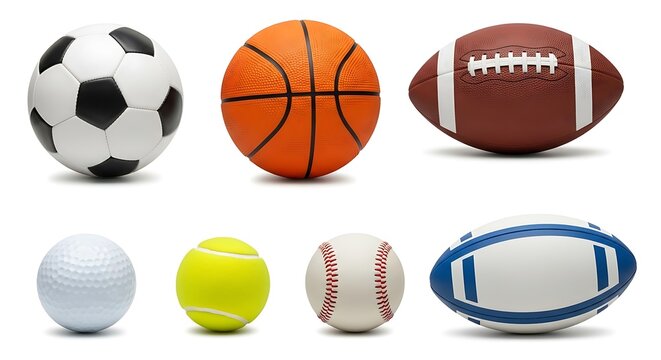 Collection of various sports balls including soccer basketball football tennis golf and rugby isolated on white.