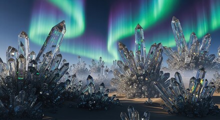 Obraz premium Stunning crystal formations shimmer under vibrant aurora borealis sky, a magical natural wonder