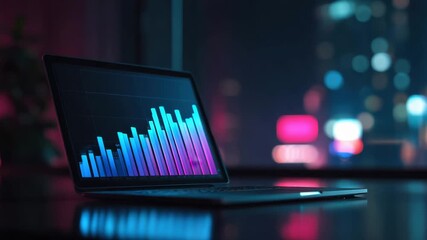 Laptop displaying colorful bar graph screen with reflection glossy surface dark room featuring blurred city lights background, technology and data visualization creating modern dynamic atmosphere - Powered by Adobe