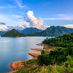 Scenic lake and mountains under a partly cloudy sky
