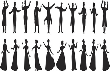 Victorian silhouette characters, formal vintage attire, elegant male and female poses, historical fashion vector, theatrical costume design, black illustration set, retro style