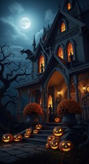 Spooky Haunted Mansion on Halloween Night Under the Full Moon
