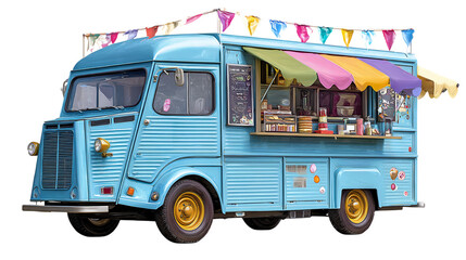 A light blue food truck with colorful awning and pennant banners, set against a transparent backdrop, ideal for graphic design and illustrations, PNG