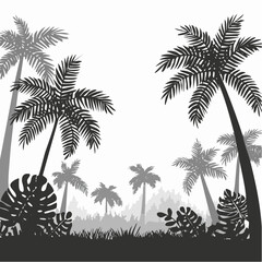 Obraz premium Jungle rainforest. Grass and palm trees. Nature landscape silhouette. Dense tropical thickets. Isolated on white background. Vector.