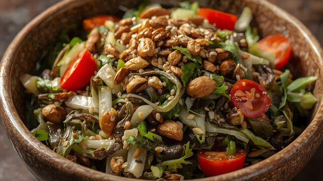 Realistic Close-up of Burmese Tea Leaf Salad with Nuts and Vegetables