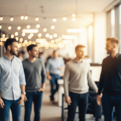 collaborative atmosphere of a modern office. The blurred motion of people in casual attire suggests a dynamic and relaxed company culture