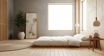 Minimalist bedroom with a low bed natural wood accents and a potted plant on a textured rug