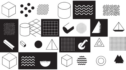 Set of editable vector creative geometric abstract elements for graphic design, printing and UI. Triangles, squares, circles and other simple shapes with editable stroke weight