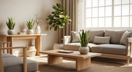 Modern living room with wooden furniture plants and natural light streaming through a large window