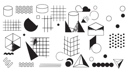 Set of editable vector creative geometric abstract elements for graphic design, printing and UI. Triangles, squares, circles and other simple shapes with editable stroke weight