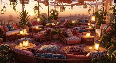 Rooftop lounge seating with lanterns and city skyline at sunset bohemian