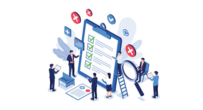 A team of professionals meticulously examines a detailed checklist on a large clipboard using a magnifying glass to ensure accuracy and compliance during a business audit.