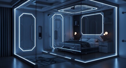 Modern futuristic bedroom with glass walls illuminated by blue neon lights